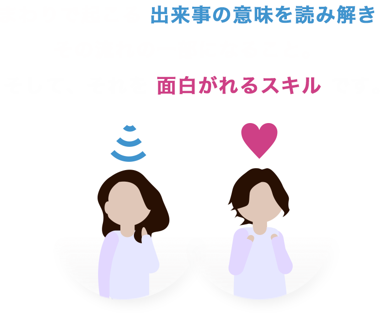 まわりで起こる出来事の意味を読み解きその流れの一部になること。そして、それを面白がれるスキルです。